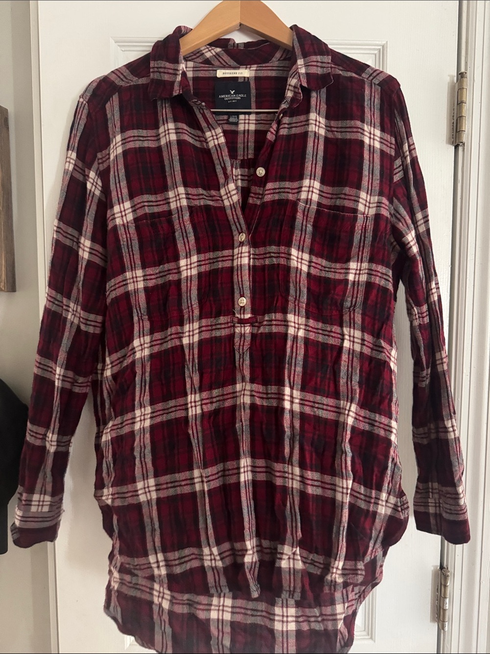 American Eagle Outfitters Burgundy and White Plaid Button-Down Tunic